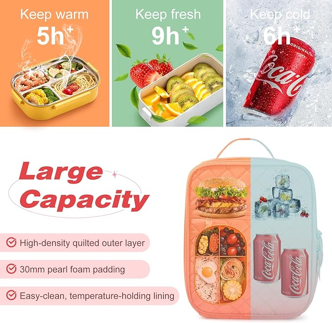 Aileam Quilted Lunch Box, Orange, Cute Girls Lunch Box, Insulated Womens Lunch Bag, Large Capacity, Reusable Insulated Cooler for Work, School, Picnic, Travel