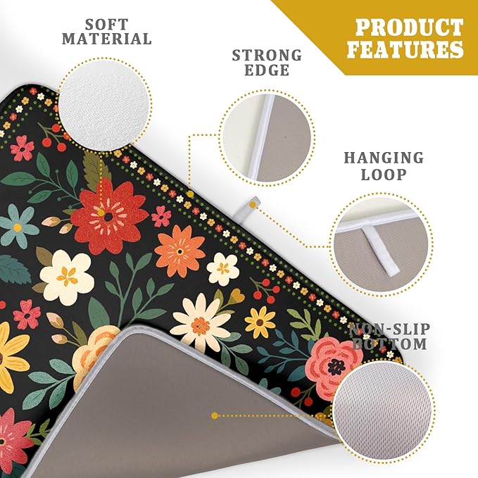 Boho Floral Dish Drying Mat 18x24 Inch Colorful Flower Dishes Dry Mats Absorbent Washable Drainer Rack Pad Protective Kitchen Counter Decor