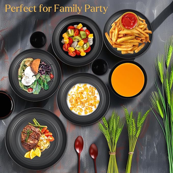 Wrova Wheat straw dinnerware sets of 16-10 inches plates,26oz bowls,2oz dipping bowls,12ozcups - Unbreakable plates and bowls sets microwave safe and dishwasher safe,service for 4. Black
