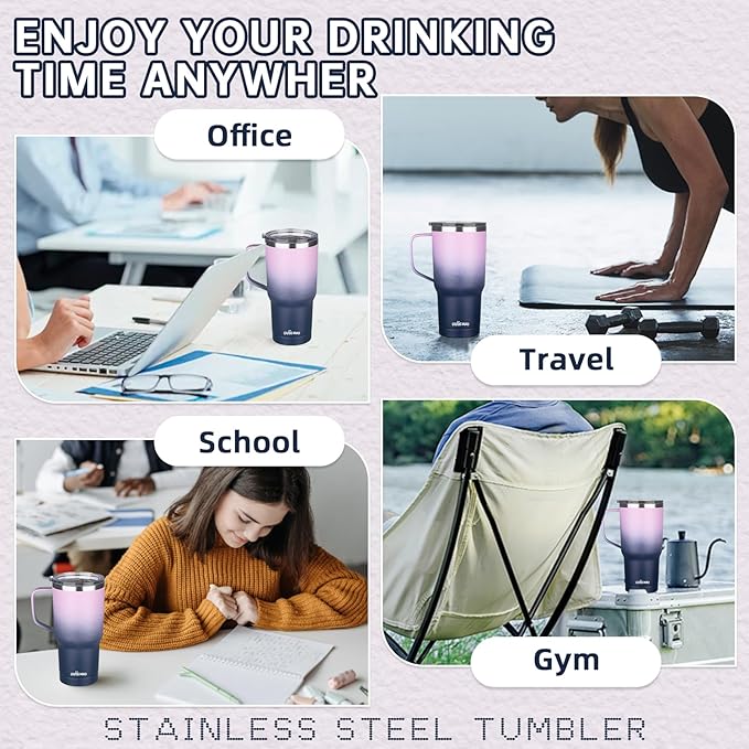 20 oz Insulated Coffee Mug with Ceramic Coating, Stainless Steel Travel Mug Tumbler with Handle Lid and Straw, Double Wall Leak-Proof Coffee Travel Mug Keeps Drink Hot and Cold (Purple blue)