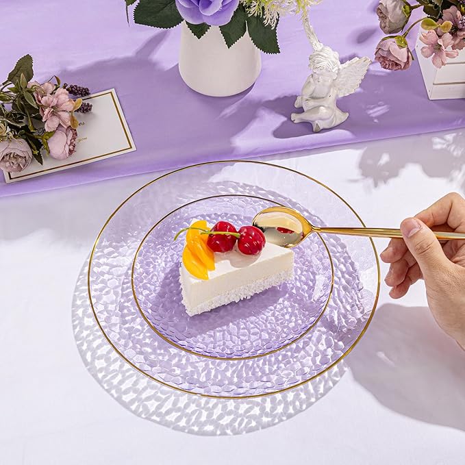 SUT 100Pcs Purple Plastic Plates, Hammered Plates Disposable Heavy Duty, Purple Disposable Plates With Gold Rim, Fancy Plastic plates Include 50 Dinner and 50 Dessert plate for Wedding