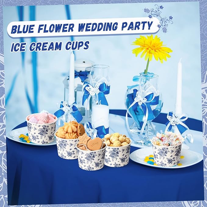 50 Pack Blue Floral Treat Snack Cups Floral Paper Ice Cream Cups 9 oz Summer Flower Disposable Dessert Bowls Paper Soup Bowls for Hot or Cold Food Wedding Baby Shower Birthday Party Supplies
