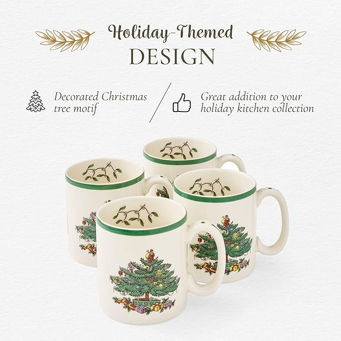 Spode Christmas Tree Mugs Set of 4 – Iconic Tree Pattern, Holiday Beverage Mugs with 9 oz Capacity – Dishwasher Safe, Festive Hot-Drink Cups in Durable Stoneware for Cocoa, Tea & Coffee