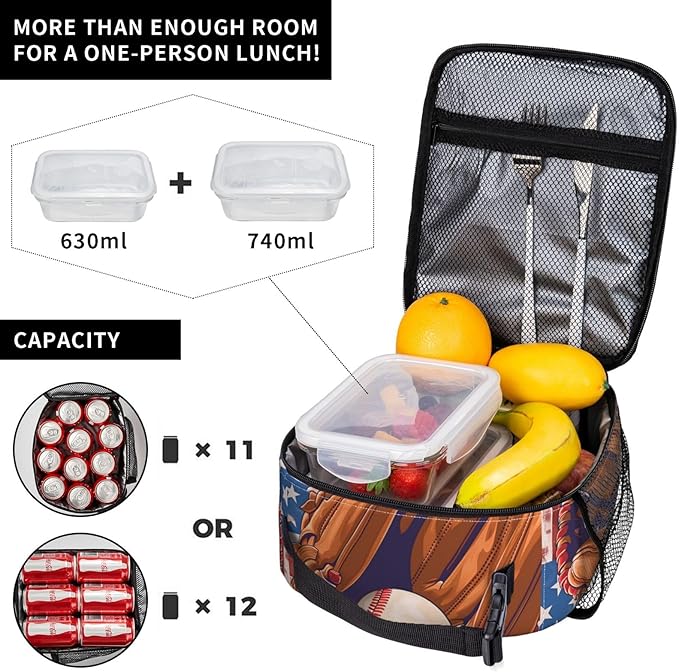 American Spirit Baseball Lunch Box for Women Men, Insulated Lunch Box, Reusable Lunch Bag for Office, Work, Picnic, Travel