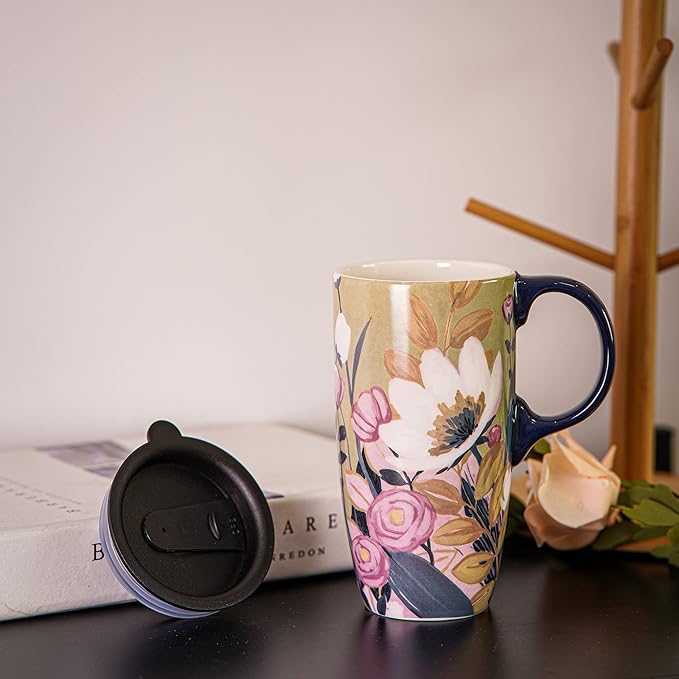 Topadorn Ceramic Mug Coffee Cups with Spill-Proof Lid Latte Mugs for Home and Office with Gift Box,White and Pink Flowers