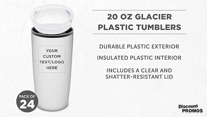 Custom Plastic Tumblers 20 oz. Set of 24, Personalized Bulk Pack - With lids, Ice Coffee Tumbler, To Go Cup, Insulated - White