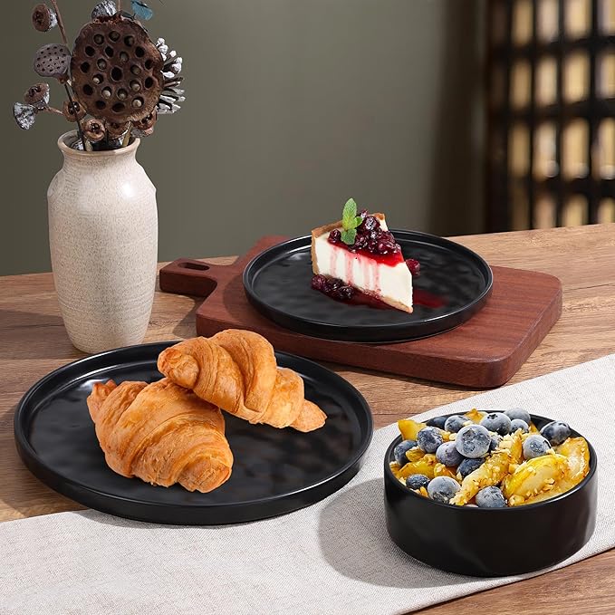 LIANYU 18 Piece Dinnerware Dishes Sets for 6, Stoneware Plates and Bowls Dishware Set, Ceramic Dinning Ware Includes Dinner Salad Plates, Cereal Bowls, Chip & Scratch Resistant, Obsidian Matte Black