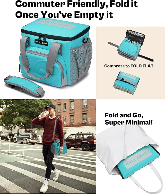 SUNNY BIRD 12L Large Insulated Lunch Bag, Leakproof and Foldable Lunch Cooler Box for Women Adult and Men, Fits 18 Cans (Aqua Blue 01)