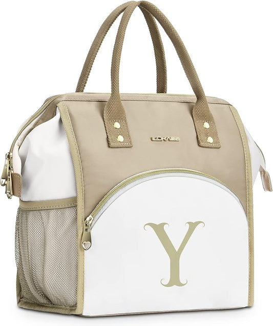 Personalized Lunch Box for Women, Reusable Insulated Lunch Bag, Wide-Open Adult Lunchbox Cooler Lunchbag Snack Organizer, Initial Leakproof Lunch Tote Bag for Picnic Work Outdoors, Y