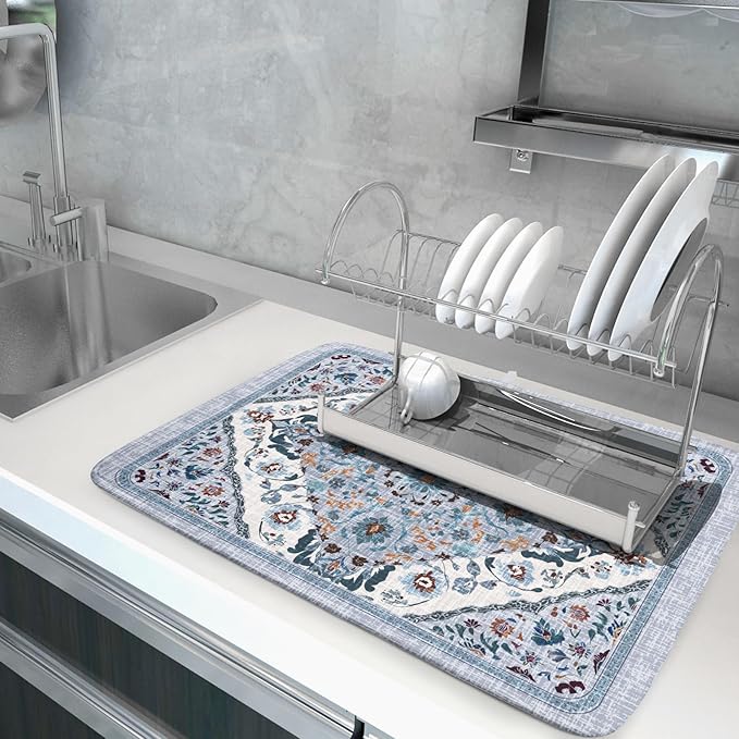 Boho Flower Dish Drying Mat Blue Bohemian Dishes Drainer Rack Mat 18x24 Inch Microfiber Kitchen Drying Pad for Countertop Tableware Decor