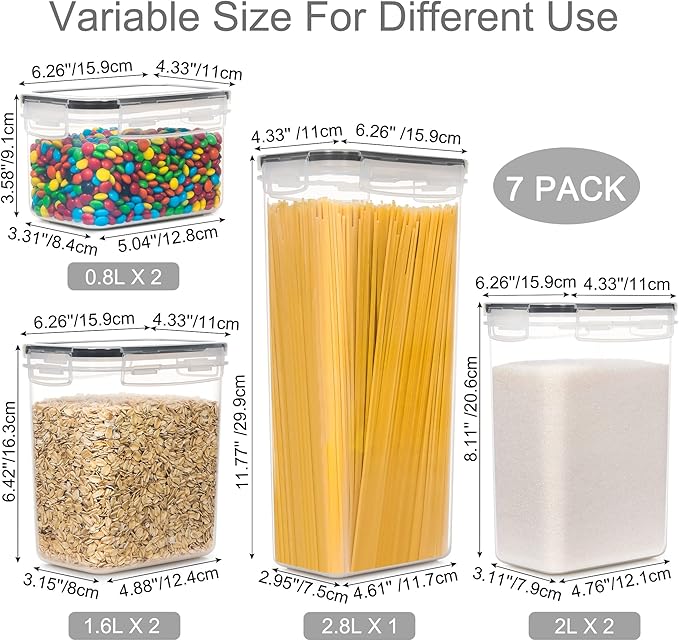 Airtight Food Storage Containers with Lids, 7 PCS BPA Free Kitchen Canisters for Spaghetti, Pasta, Dry Food, Flour and Sugar, Plastic Canisters for Pantry Organization and Storage