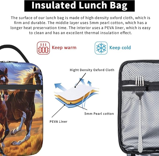 Running Horse Lunch Box for Women Men Boys Kids, Insulated Cooler Beautiful Horse Lunch Bag for School, Picnic, Office, Travel, Work, Portable Reusable Polyester Thermal Tote Lunch Bags