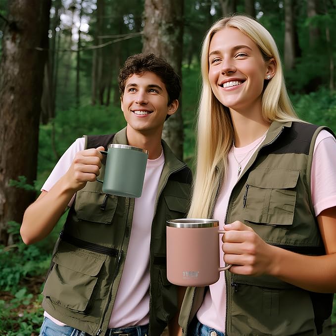 14 Oz Stainless Steel Insulated Mug with Handle & Slider Lid – Double Wall Thermal Coffee Cup – Dishwasher Safe Mug Keeps Drinks Hot & Cold – For Home, Office, Travel