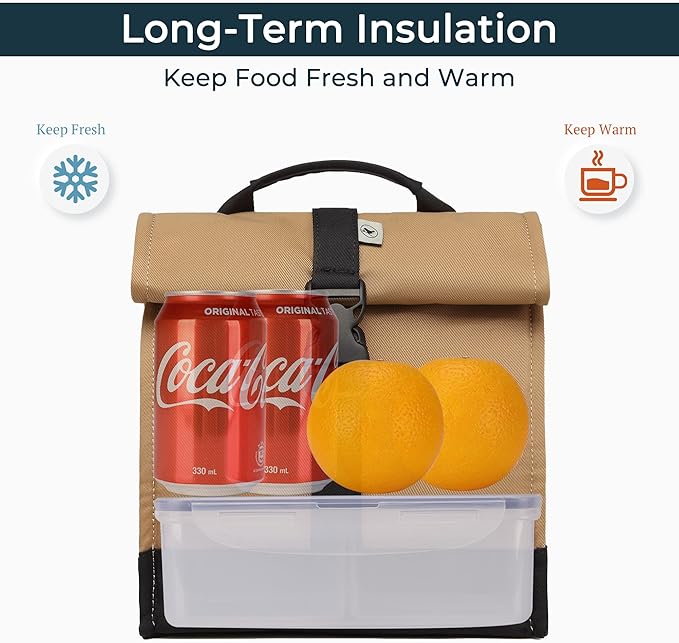 SUNNY BIRD Insulated Lunch Bag Rolltop Lunch Box Tote Bag for Women, Men, Adults and Teens (Brown)