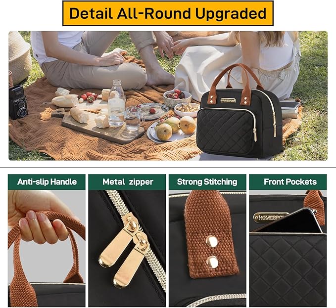 Buringer HOMESPON Lunch Bag for Woman Man Adults with Front Pocket Insulated Lunch Tote Lunch Box Container for Work Picnic or Travel（Golden Black）