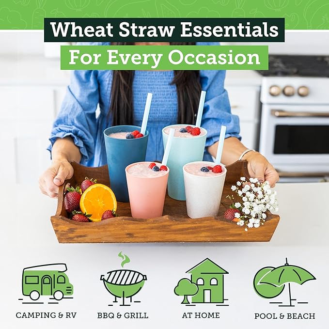 Grow Forward Premium Wheat Straw Cups - 13 & 20 oz Unbreakable BPA Free Hard Plastic Cups - Reusable Lightweight Plastic Drinking Glasses for Kitchen, Outdoor, Water, Camping, RV - Tropical