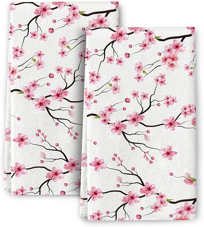 Cherry Blossom Dish Towels for Kitchen Drying,Pink Absorbent Decorative Kitchen Towels dishcloths,Cute Hand Towels Tea Tewels for Kitchen Baking Bar Bathroom Decor