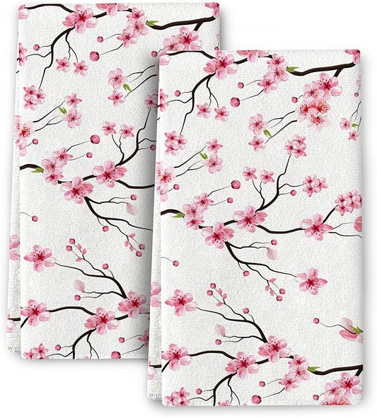 Cherry Blossom Dish Towels for Kitchen Drying,Pink Absorbent Decorative Kitchen Towels dishcloths,Cute Hand Towels Tea Tewels for Kitchen Baking Bar Bathroom Decor