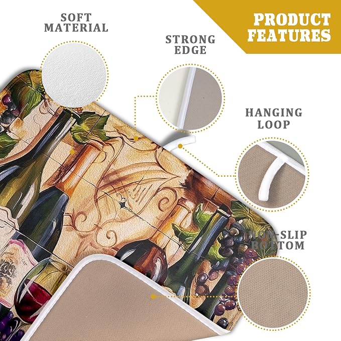 Wine Dish Drying Mat for Kitchen Counter Vintage Wine Glasses Dish Drainer Mats Absorbent Microfiber Dishes Pad Reusable Washable Large Dish Draining Mat 16x18 Inch