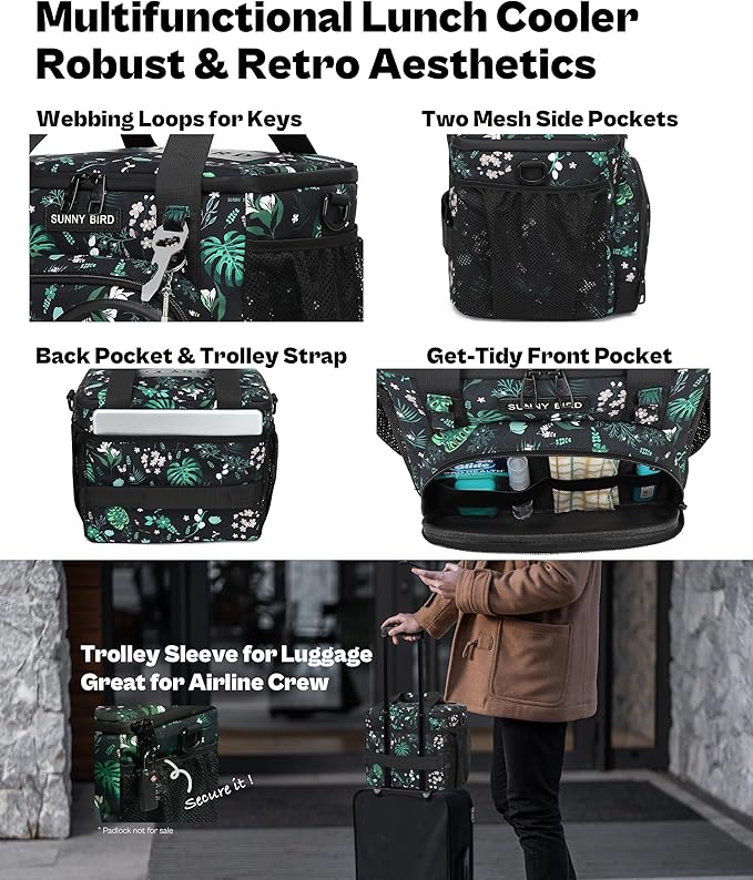 SUNNY BIRD 12L Large Insulated Lunch Bag, Leakproof and Foldable Lunch Cooler Box for Women Adult and Men, Fits 18 Cans (Floral & Foliage)