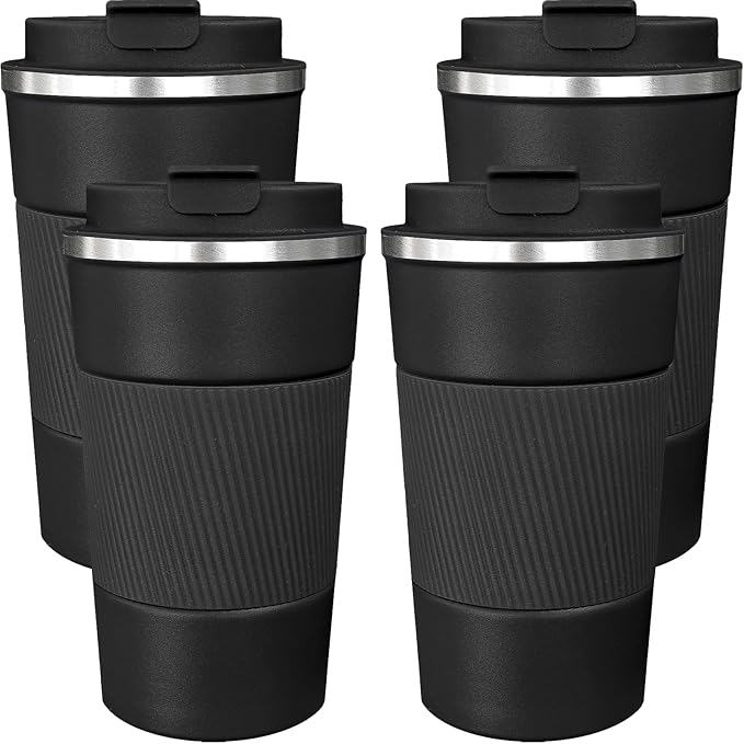 4 Pack Insulated Coffee Mug with Lid 17oz Travel Coffee Tumbler Stainless Steel Reusable Coffee Cups Thermal Coffee Mug for Hot and Iced Cold Drinks, Black