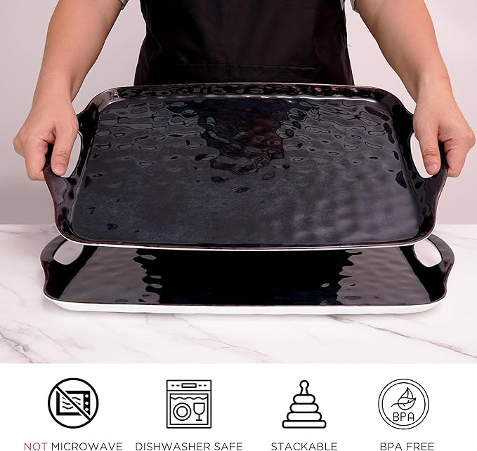 TP Serving Trays with Handles, 17 Inch Large Rectangular Melamine Serving Platter Set of 2, Retro Black