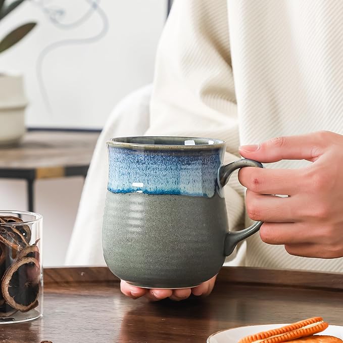 21 oz Large Ceramic Coffee Mugs, Pottery Mug Handmade, Ceramic Tea Cups with Handle for Office and Home, Dishwasher and Microwave Safe (Blue Grey)