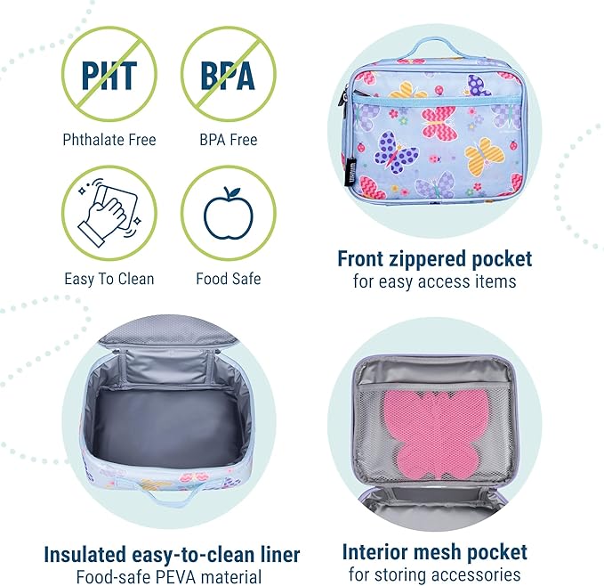 Wildkin Kids Insulated Lunch Box – Durable and Reusable for School & Travel - Butterfly Garden