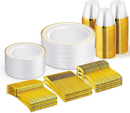 WELLIFE 300 PCS Gold Dinnerware Set for 50 Guests, Gold and White Disposable Plastic Plates for Party, 50 Dinner & Salad Plates, 50 Cups Forks Knives Spoons for Wedding and Party Supplies
