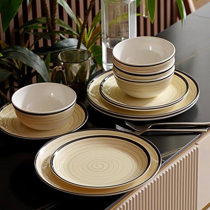 Melamine Dinnerware Set for 4, 12Pcs Dinnerware Sets, Lightweight Plates And Bowls Sets, Morden Dishes Sets for Indoor and Outdoor Use, Dishwasher Safe BPA Free(Off White)