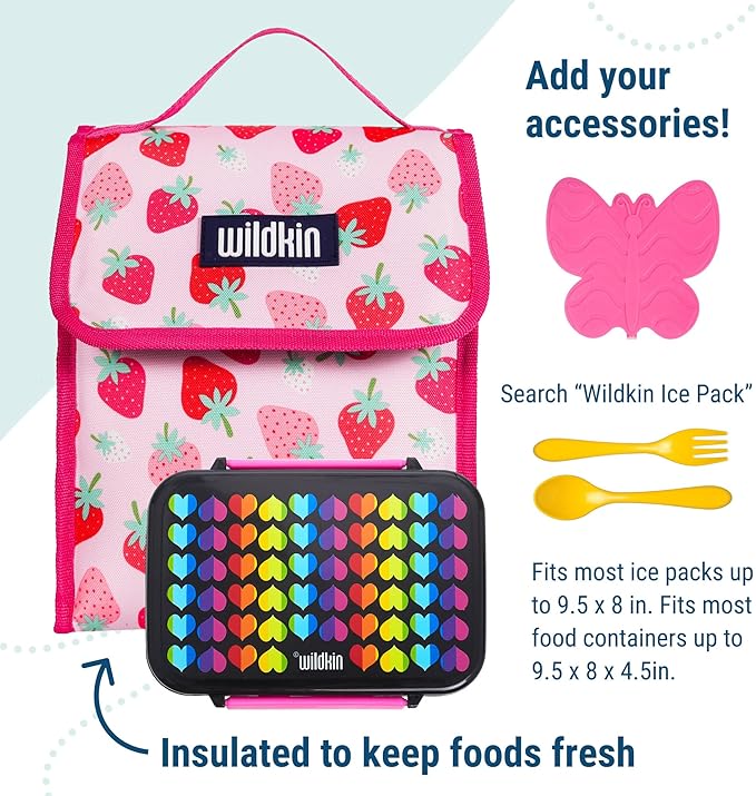 Wildkin Kids Insulated Lunch Bag – Reusable, Ideal for Hot/Cold Snacks, School & Travel - Strawberry Patch