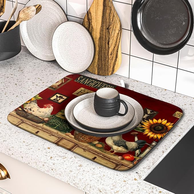 Vintage Rooster Dish Drying Mats 16x18 Inch,Farmhouse Country Hen Chicken Sunflower Microfiber Absorbent Quick-Dry Drainer Rack Sink Protector Pad for Kitchen Counter Decor