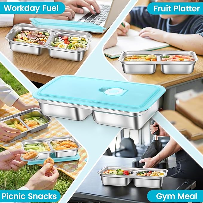 4 Pack Stainless Steel Snack Containers, 2-Compartment Lunch Boxes Reusable Food Storage Containers with Lids for Kids & Adults, School, Office, Travel, Camping