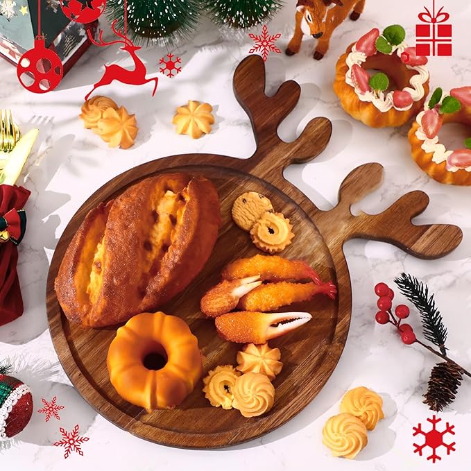 12 Pcs Christmas Appetizer Platter 12 Inch Cutting Board Acacia Serving Trays Wood Charcuterie Board Tray Snack Dessert Candy Dish Plate for Kitchen Gifts (Deer Antler)