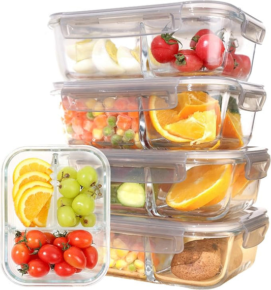 5-Pack Glass Storage Containers,Glass Food Container with Lid,Lunch Box,Bento Box,Storage Box,Meal Prep Containers,Lunch Containers,Fruit Preservation Boxes,Three-partition-Light Gray