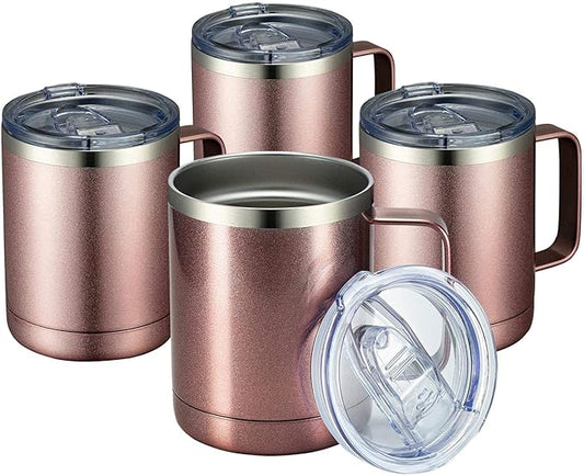 MEWAY 12oz Coffee Mug With Handle 4 Pack Bulk,Stainless Steel Insulated Travel Tumblers With Sliding Lid,Double Wall Vacuum Camping Cup for Hot & Cold Drinks Tea (Rose Gold,Set of 4)