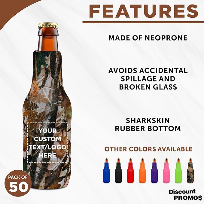 50 Neoprene Zippered Beer Bottle Coolies Pack - Customizable Text, Logo - Sharkskin Rubber Bottom - Camo3