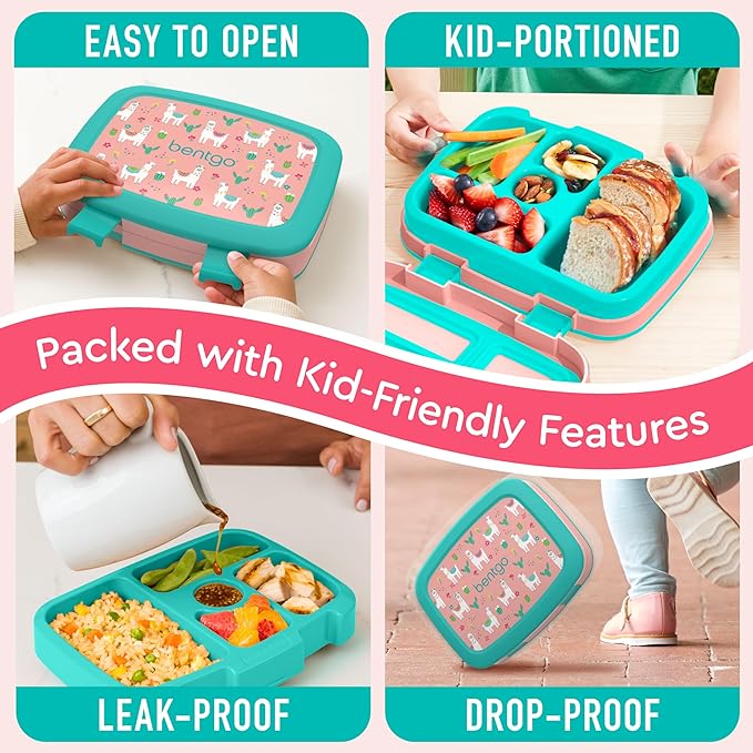 Bentgo Kids Prints Leak-Proof, 5-Compartment Bento-Style Kids Lunch Box - Ideal Portion Sizes for Ages 3-7, Durable, Drop-Proof, Dishwasher Safe, & PFAS & BPA-Free Materials (Llamas)
