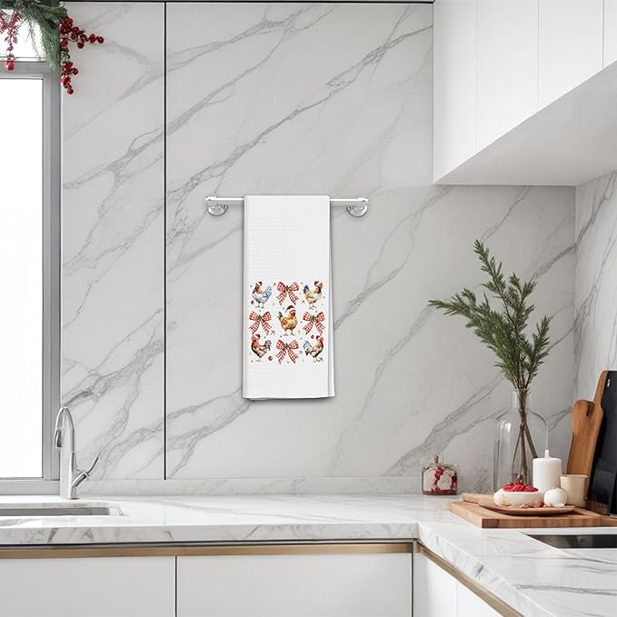 Red Plaid Bow Christmas Chicken Kitchen Towels, Chicken Lover Mom Lady Gifts Dish Tea Towels for Kitchen, Christmas Farm Hen Rooster Decorative Hand Towel for Bathroom, 16x24 Inch