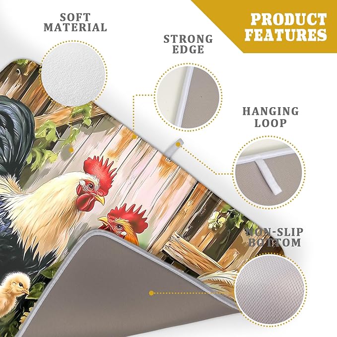 Rooster Dish Drying Mat 18x24 Inch, Rustic Country Farm Chickens Wooden Fence Absorbent Microfiber Non-Slip Counter Rack Sink Drainer Pad for Kitchen Countertop Table Decor