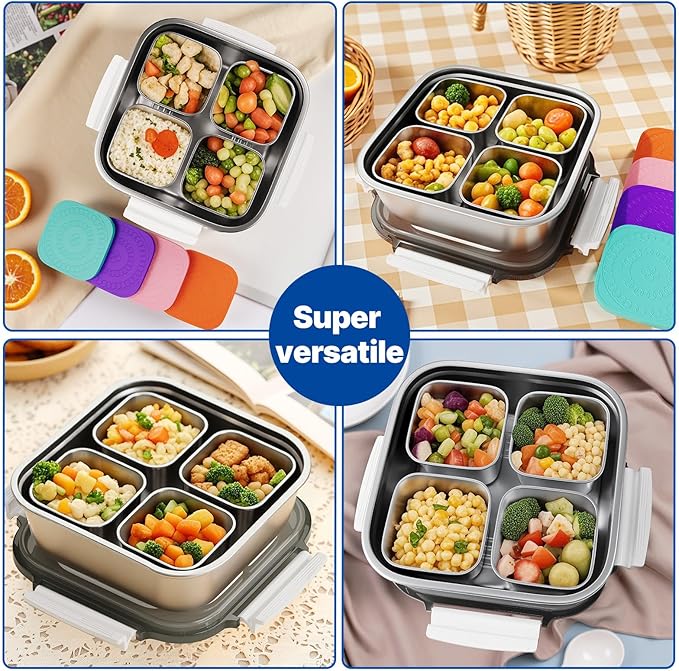 Snackle Box Container Stainless Steel Conntainers with Lids 5 Pack,Large Stainless Steel Container(1.5qt) and Set of 4 Snack Containers,Convenient to Carry,Suitable for Picnics and Travel