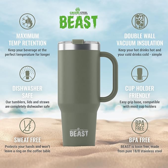 Beast 50 oz Tumbler Stainless Steel Vacuum Insulated Coffee Ice Cup Double Wall Travel Flask (Army Green)