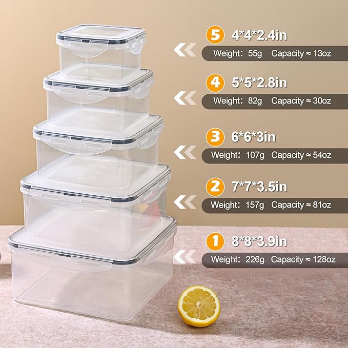 5pc Food Storage Containers with Lids, Airtight Leakproof BPA Free Plastic Meal Prep Boxes, Stackable Nesting Kitchen Containers, Reusable Freezer Dishwasher Safe for Snacks, Fruit & Leftovers