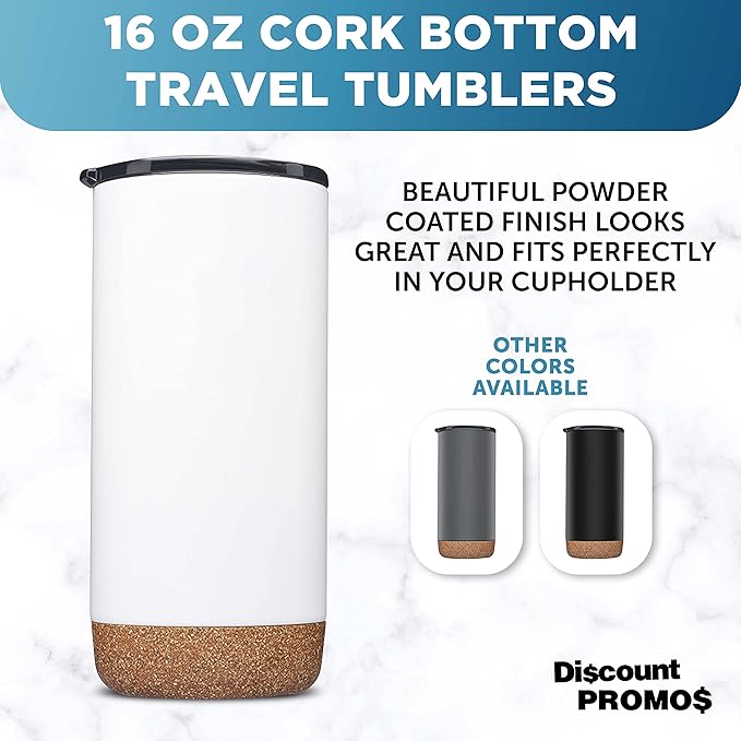 DISCOUNT PROMOS Travel Tumblers with Cork Bottom 16 oz. Set of 10, Bulk Pack - Double Wall Insulated, Matte Finish, Perfect for Iced Coffee, Soda, Other Beverages - White
