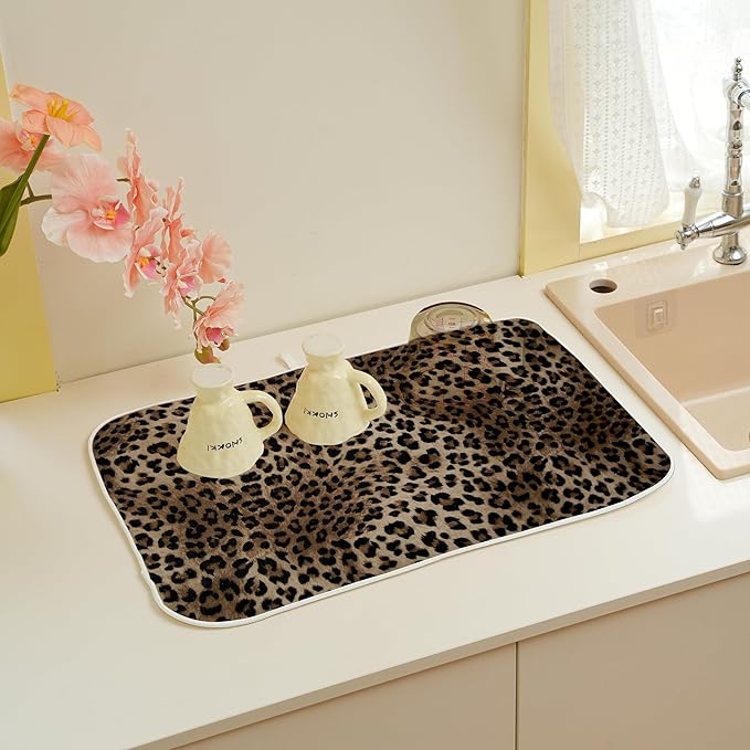 Brown Leopard Print Dish Drying Mats 18x24 Inches for Kitchen Counter Animal Print Skin Cheetah Kitchen Decorations Drying Mats Seasonal Outdoor Mat Drying Pad for Office Dining Room Decor