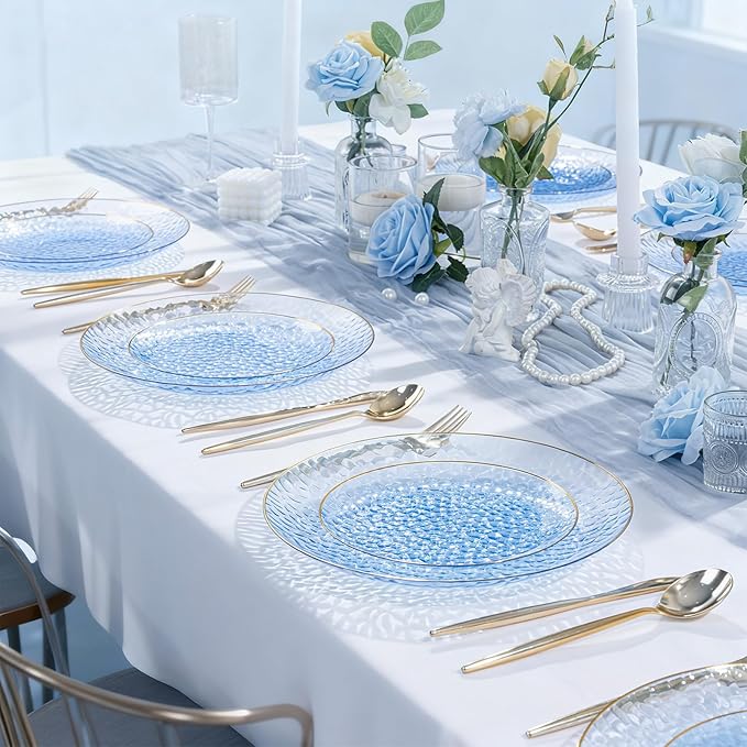 SUT 100Pcs Blue Plastic Plates, Hammered Plates Disposable Heavy Duty, Blue Disposable Plates With Gold Rim, Fancy Plastic plates Include 50 Dinner and 50 Dessert plates for Wedding