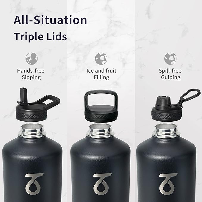 Trebo One Gallon Water Bottle Insulated with Paracord Handle,128oz Large Vacuum Double Wall Stainless Steel Insulated Jug with Straw Spout Handle Lids, Leakproof Keep Cold & Hot,Black