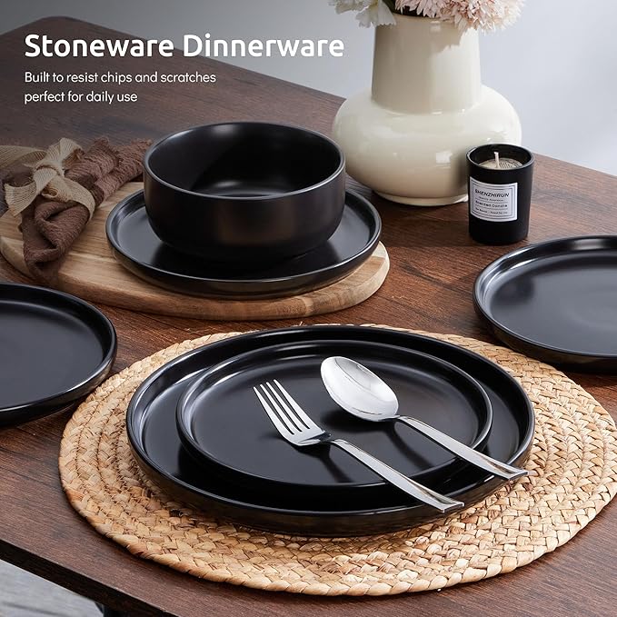 E-far Stoneware Dinnerware Sets for 6, 18-Piece Plates and Bowls Set, Modern Ceramic Dishes Dinning Ware, Microwave & Dishwasher Safe - Matte Black