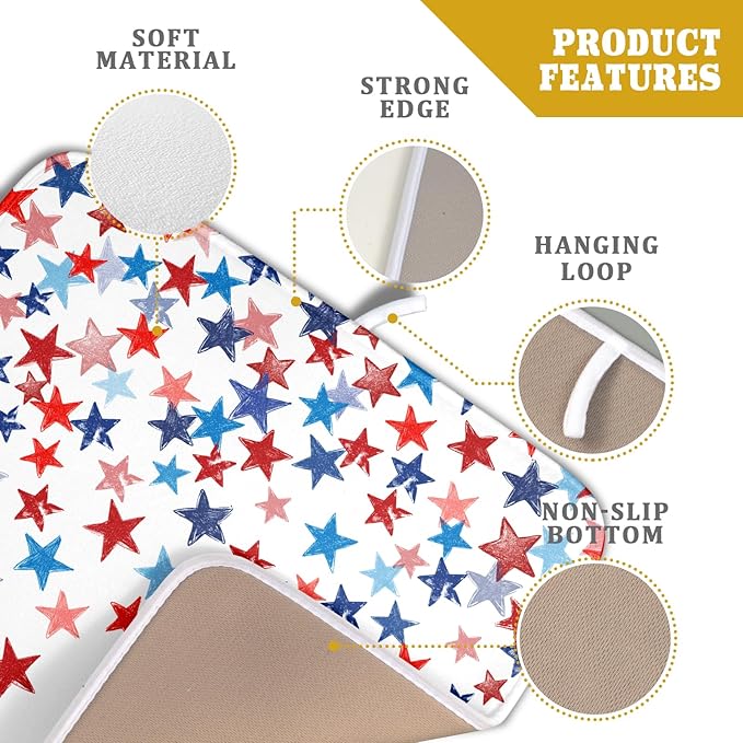 4th of July Dish Drying Mat for Kitchen Counter Patriotic Holiday Microfiber Absorbent Dish Draining Reusable Washable Foldable 16"x18"