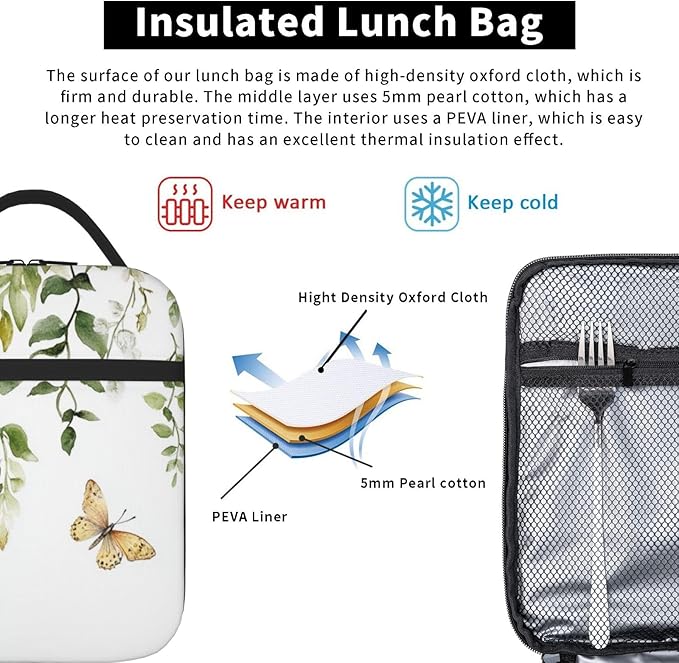 SUPLUCHOM Lunch Bag Butterfly Watercolor Botanical Leaf Insulated Bento Box Cooler with Side Pocket for Girl Boy Women Men Work School Picnic Hiking Daytrip